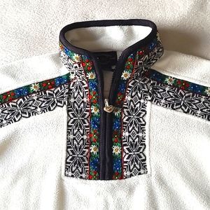 Obermeyer Fair Isle Knit Fleece Sweater. Size Medium. 1/4 Zip. White.